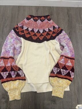 Women's Multicolor Patterned Yoke Sweater - Cream Body, Pink & Rust Accents